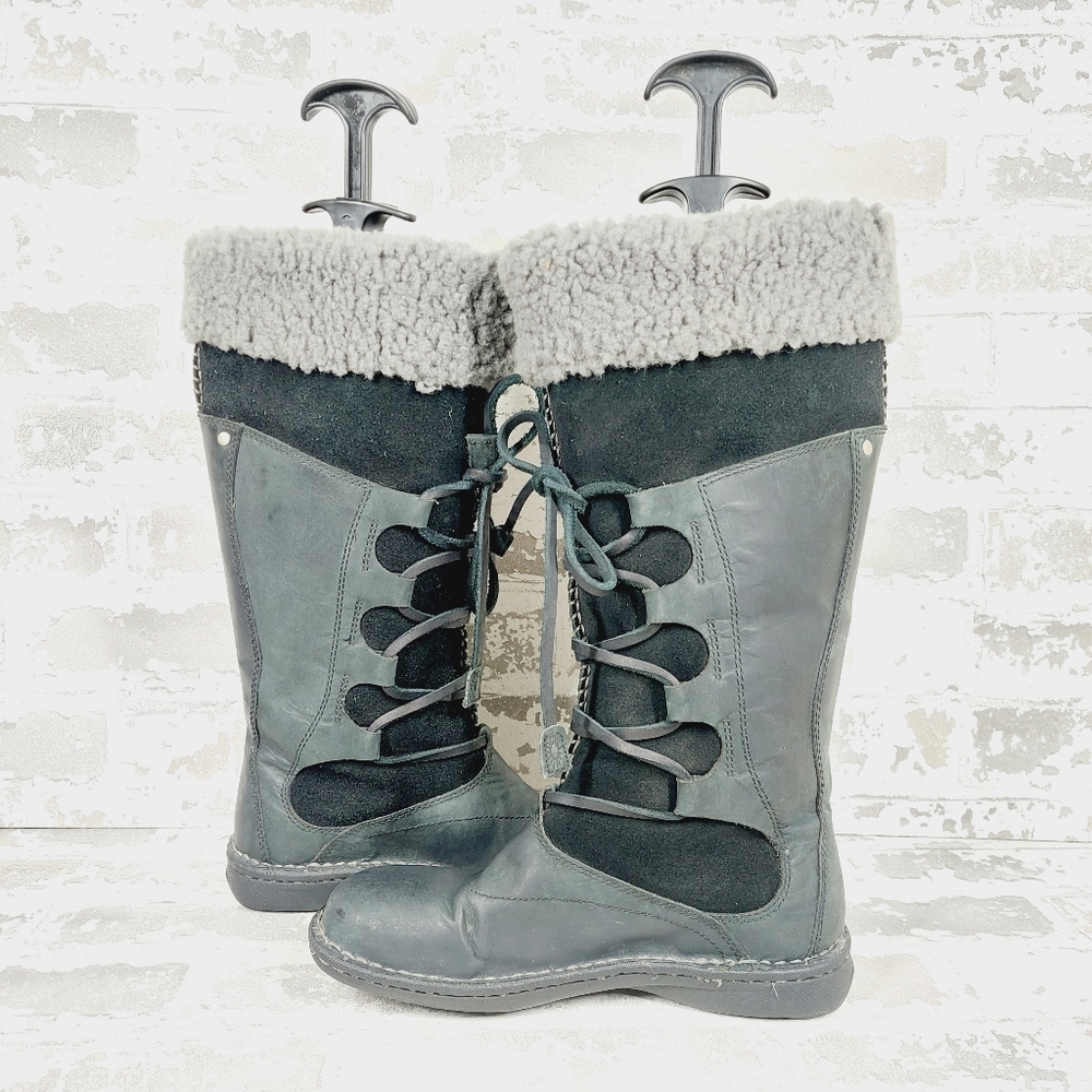 UGG Torrey Black Leather Knit Tall Pull on Winter Snow Boots V704 - Picture 4 of 12